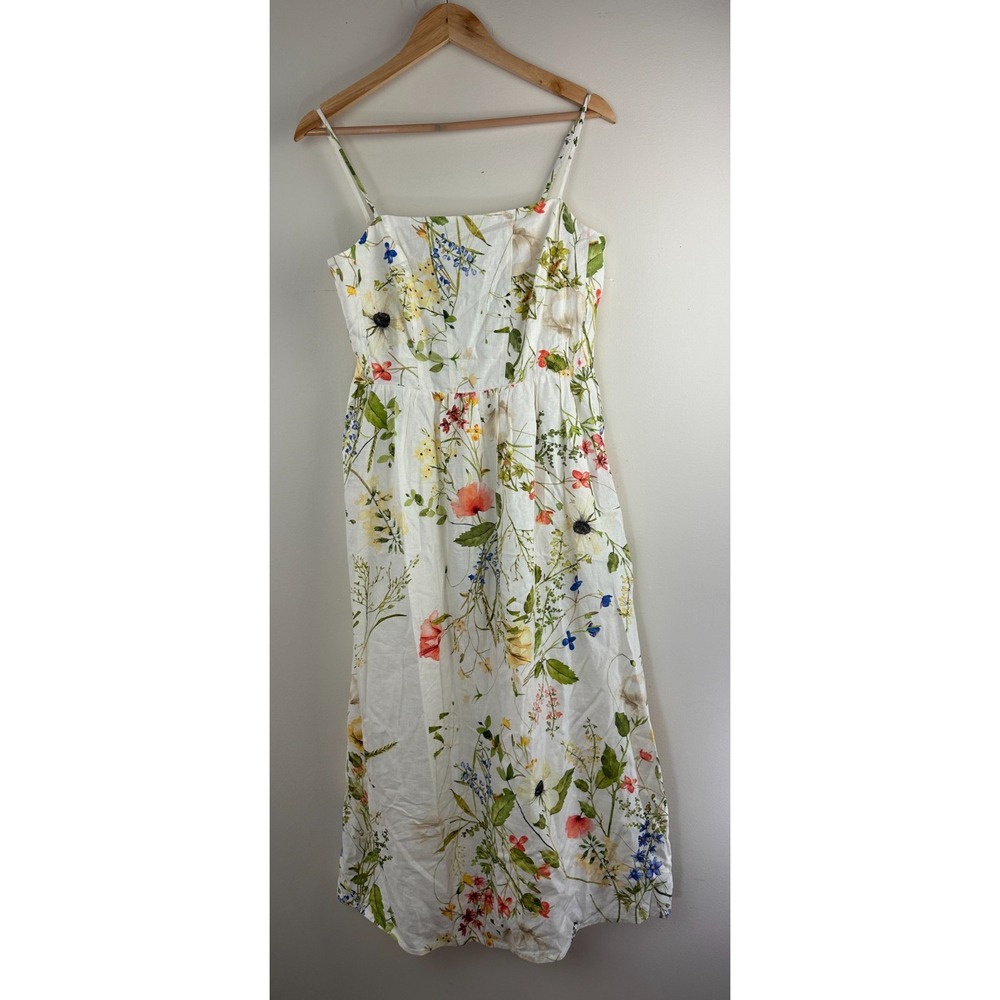 H&M LinenBlend Floral Midi Dress Medium White Wildflower Smocked Dainty Romantic - Picture 13 of 13